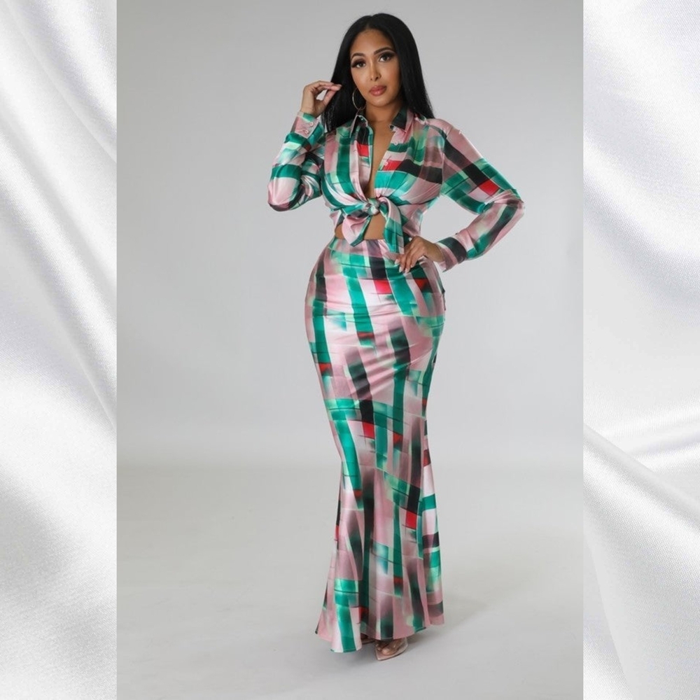 The Green Collar Neck Silky High Waist Skirt and Top Set